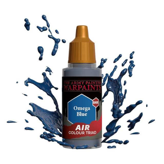 Bottle of Army Painter Airbrush paint Omega Blue, showing a splash of paint highlighting the color. 