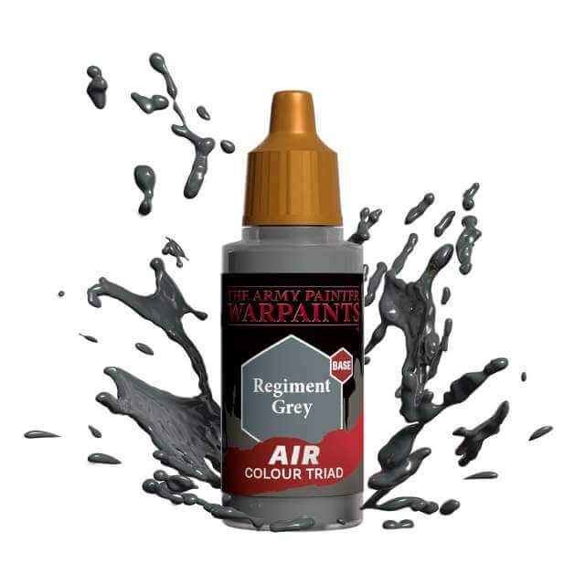 Bottle of Army Painter Airbrush paint Regiment Grey, showing a splash of paint highlighting the color. 