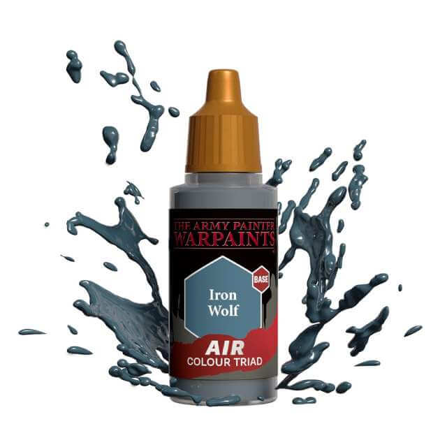 Bottle of Army Painter Airbrush paint Iron Wolf, showing a splash of paint highlighting the color. 