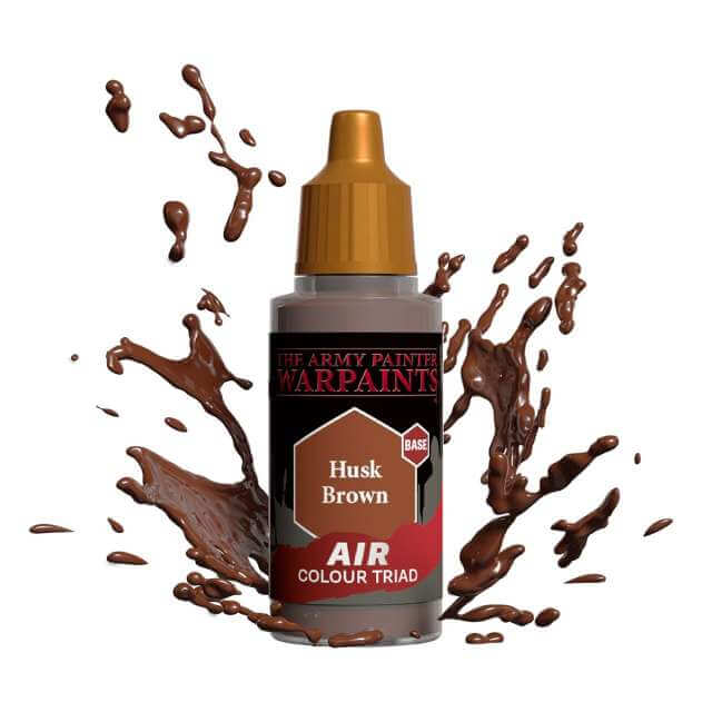 Bottle of Army Painter Airbrush paint Husk Brown, showing a splash of paint highlighting the color. 