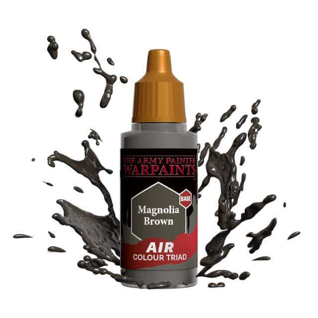 Bottle of Army Painter Airbrush paint Magnolia Brown, showing a splash of paint highlighting the color. 