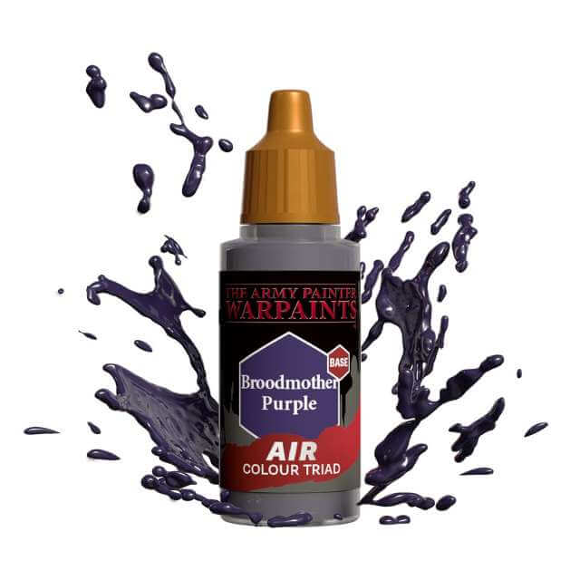 Bottle of Army Painter Airbrush paint Broodmother Purple, showing a splash of paint highlighting the color. 