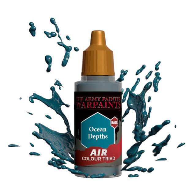 Bottle of Army Painter Airbrush paint Ocean Depths, showing a splash of paint highlighting the color. 