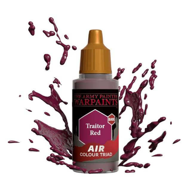 Bottle of Army Painter Airbrush paint Traitor Red, showing a splash of paint highlighting the color. 