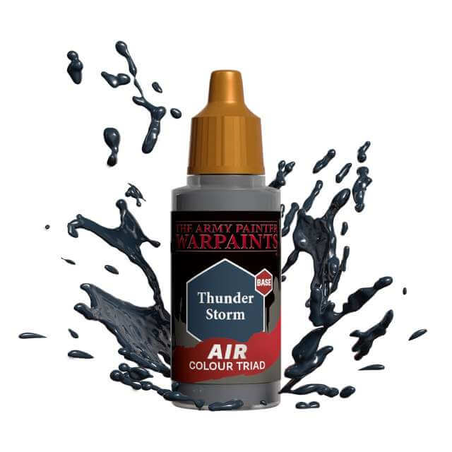 Bottle of Army Painter Airbrush paint Thunder Storm, showing a splash of paint highlighting the color. 