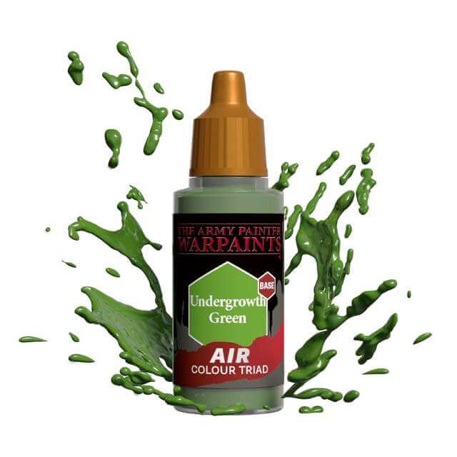 Bottle of Army Painter Airbrush paint Undergrowth Green, showing a splash of paint highlighting the color. 