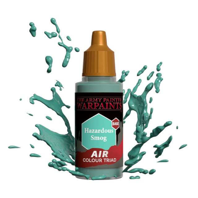 Bottle of Army Painter Airbrush paint Hazardous Smog, showing a splash of paint highlighting the color. 