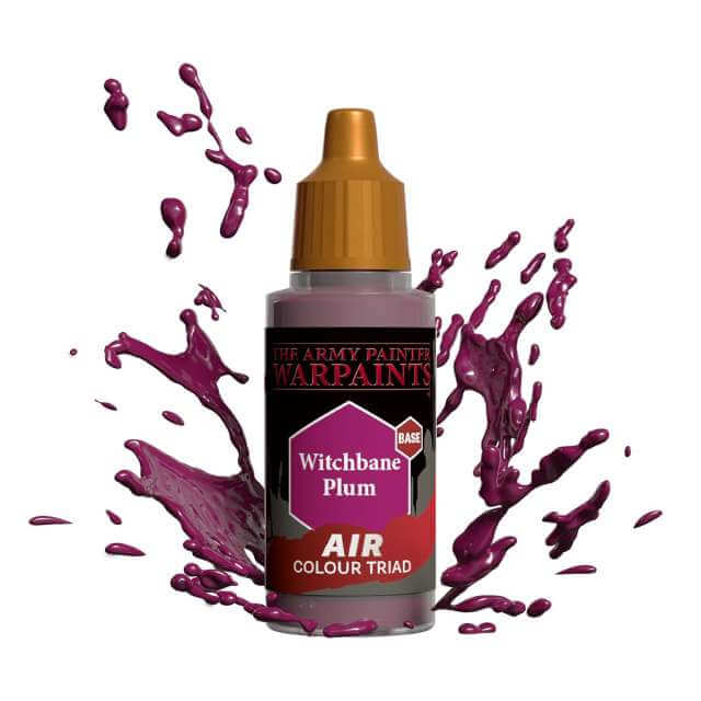 Bottle of Army Painter Airbrush paint Witchbane Plum, showing a splash of paint highlighting the color. 