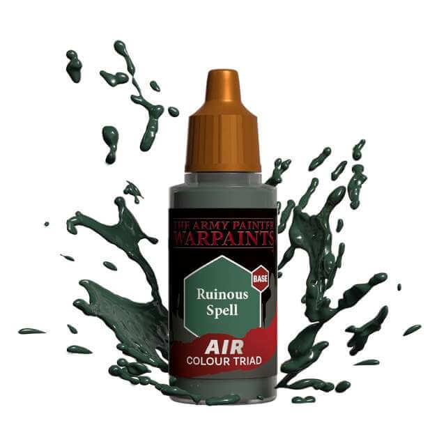 Bottle of Army Painter Airbrush paint Ruinous Spell, showing a splash of paint highlighting the color. 