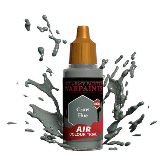 Bottle of Army Painter Airbrush paint Crow Hue, showing a splash of paint highlighting the color. 