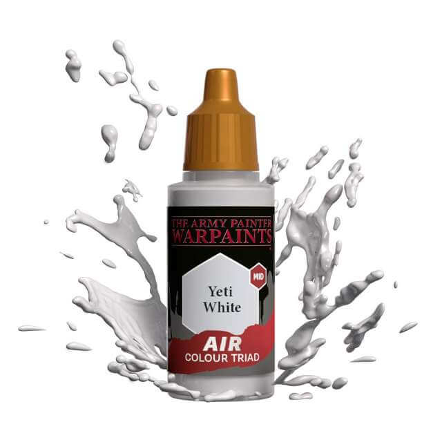 Bottle of Army Painter Airbrush paint Yeti White, showing a splash of paint highlighting the color. 