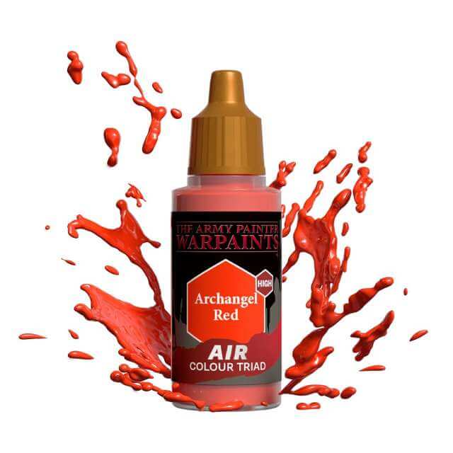Bottle of Army Painter Airbrush paint Archangel Red, showing a splash of paint highlighting the color. 