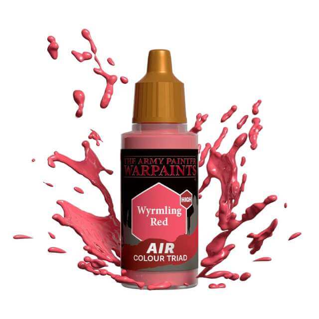 Bottle of Army Painter Airbrush paint Wyrmling Red, showing a splash of paint highlighting the color. 