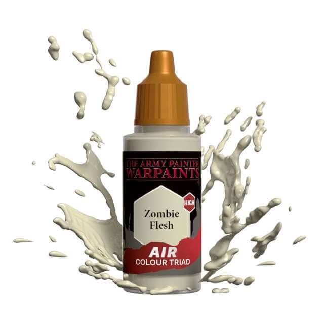 Bottle of Army Painter Airbrush paint Zombie Flesh, showing a splash of paint highlighting the color. 