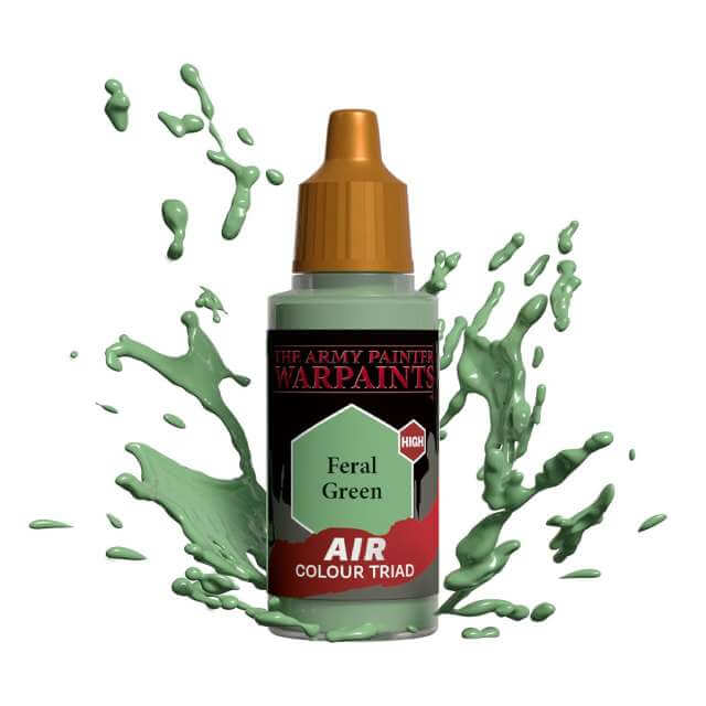 Bottle of Army Painter Airbrush paint Feral Green, showing a splash of paint highlighting the color. 