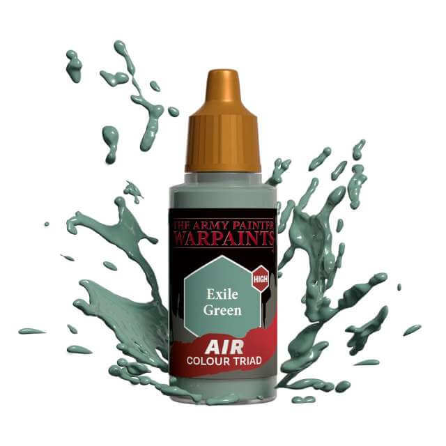 Bottle of Army Painter Airbrush paint Exile Green, showing a splash of paint highlighting the color. 