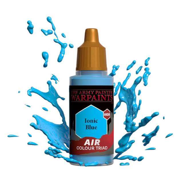 Bottle of Army Painter Airbrush paint Ionic Blue, showing a splash of paint highlighting the color. 