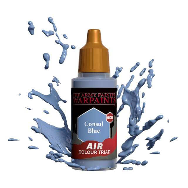 Bottle of Army Painter Airbrush paint Consul Blue, showing a splash of paint highlighting the color. 