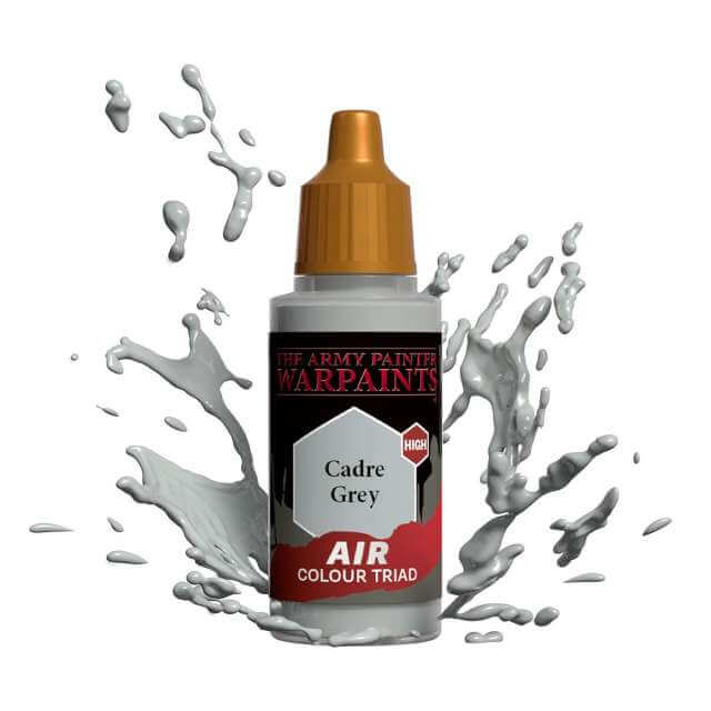 Bottle of Army Painter Airbrush paint Cadre Grey, showing a splash of paint highlighting the color. 