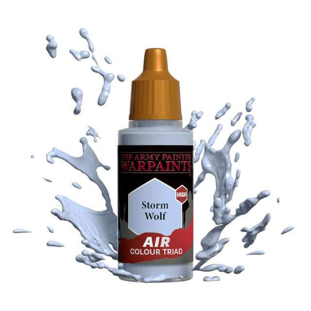 Bottle of Army Painter Airbrush paint Storm Wolf, showing a splash of paint highlighting the color. 