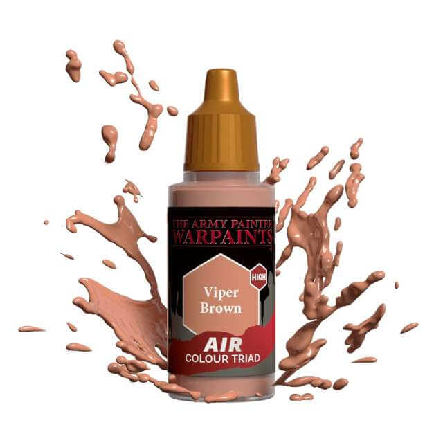 Bottle of Army Painter Airbrush paint Viper Brown, showing a splash of paint highlighting the color. 