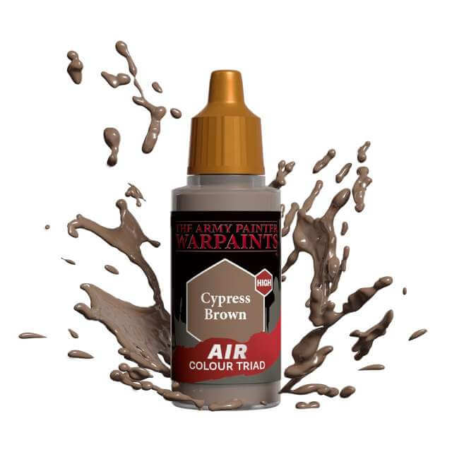 Bottle of Army Painter Airbrush paint Cypress Brown, showing a splash of paint highlighting the color. 
