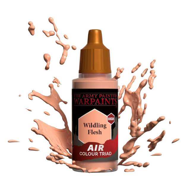 Bottle of Army Painter Airbrush paint Wildling Flesh, showing a splash of paint highlighting the color. 