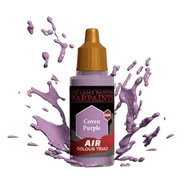 Bottle of Army Painter Airbrush paint Coven Purple, showing a splash of paint highlighting the color. 