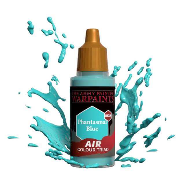 Bottle of Army Painter Airbrush paint Phantasmal Blue, showing a splash of paint highlighting the color. 