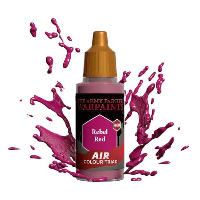Bottle of Army Painter Airbrush paint Rebel Red, showing a splash of paint highlighting the color. 