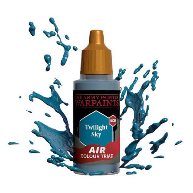 Bottle of Army Painter Airbrush paint Twilight Sky, showing a splash of paint highlighting the color. 