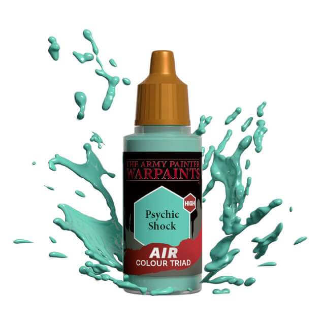 Bottle of Army Painter Airbrush paint Psychic Shock, showing a splash of paint highlighting the color. 