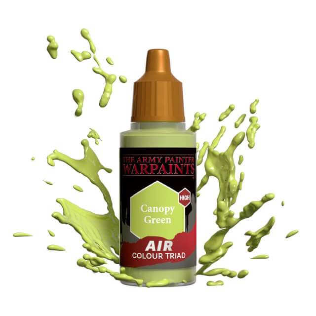 Bottle of Army Painter Airbrush paint Canopy Green, showing a splash of paint highlighting the color. 