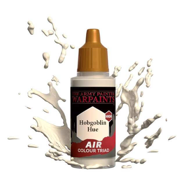 Bottle of Army Painter Airbrush paint Hobgoblin Hue, showing a splash of paint highlighting the color. 