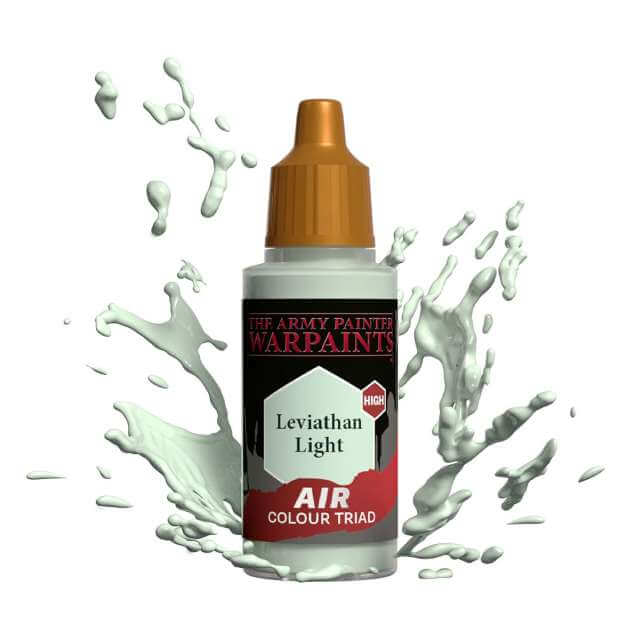 Bottle of Army Painter Airbrush paint Leviathan Light, showing a splash of paint highlighting the color. 