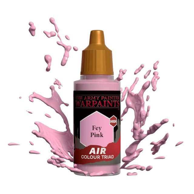 Bottle of Army Painter Airbrush paint Fey Pink, showing a splash of paint highlighting the color. 