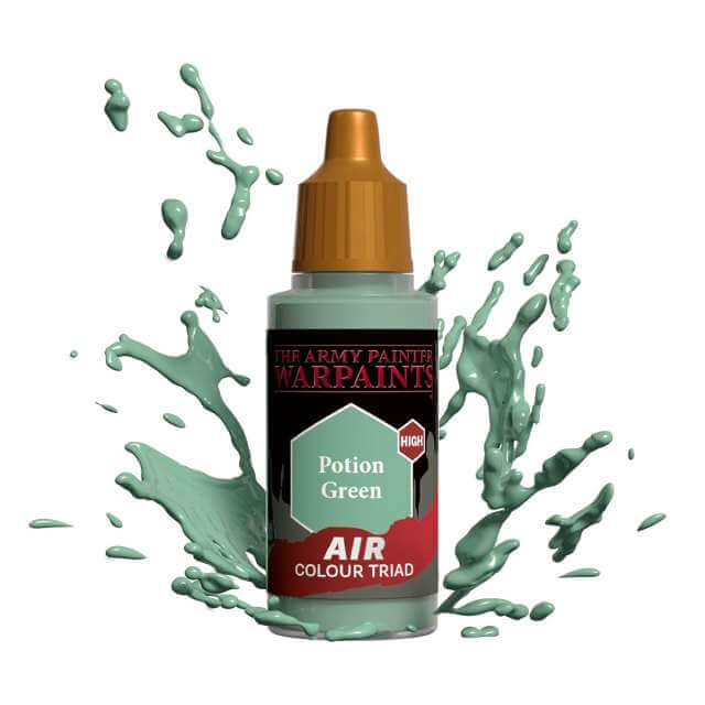 Bottle of Army Painter Airbrush paint Potion Green, showing a splash of paint highlighting the color. 