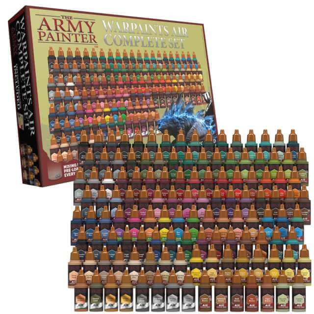 A display of various The Army Painter Warpaints Air paint bottles, arranged in a grid pattern, with the packaging in the background.