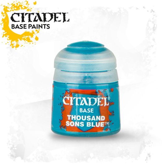 A pot of Citadel Base paint in the color 'Thousand Sons Blue'. The product is designed for painting plastic, metal, and resin Citadel miniatures.