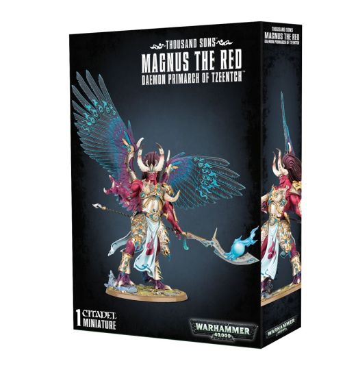 Packaging for 'Thousand Sons Magnus the Red' miniature, featuring a detailed illustration of the character with multicolored armor and wings on a black background with citadel branding.