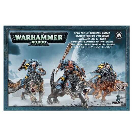 Boxed set of Warhammer 40,000 Space Wolves Thunderwolf Cavalry miniatures featuring mounted warriors with various weapons and armor details.