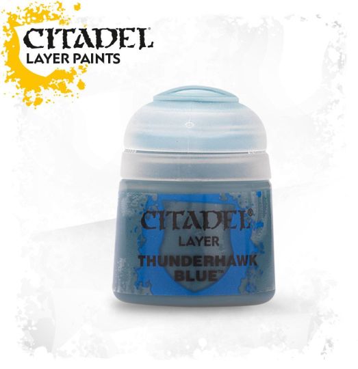A pot of Citadel Layer paints in Thunderhawk Blue color, designed for miniature painting.