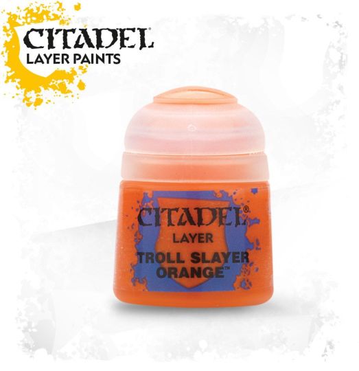 A pot of Citadel Layer paints in Troll Slayer Orange color.