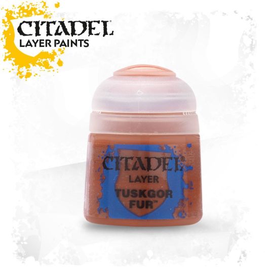 A pot of Citadel Layer acrylic paint in the color 'Tuskgor Fur', designed for painting miniatures.