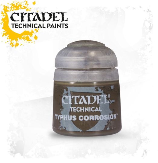 A 12ml pot of Citadel technical paint in the shade 'Typhus Corrosion' intended for adding textured corrosion effects to models.
