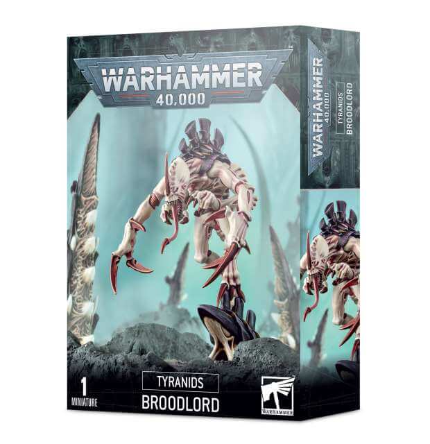 Packaging for Warhammer 40,000 Tyranids Broodlord miniature, featuring the assembled and painted model on the front.