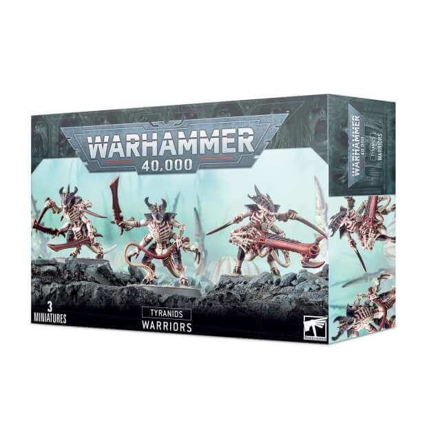 Packaging for Warhammer 40,000 Tyranids Warriors miniatures kit, showing the assembled models in action poses against a space-themed backdrop.