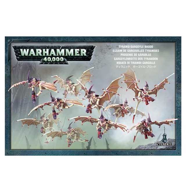 A box set of Tyranids Gargoyle Brood for the Warhammer 40,000 game, featuring 10 multi-part plastic Tyranid gargoyles with small flying bases.