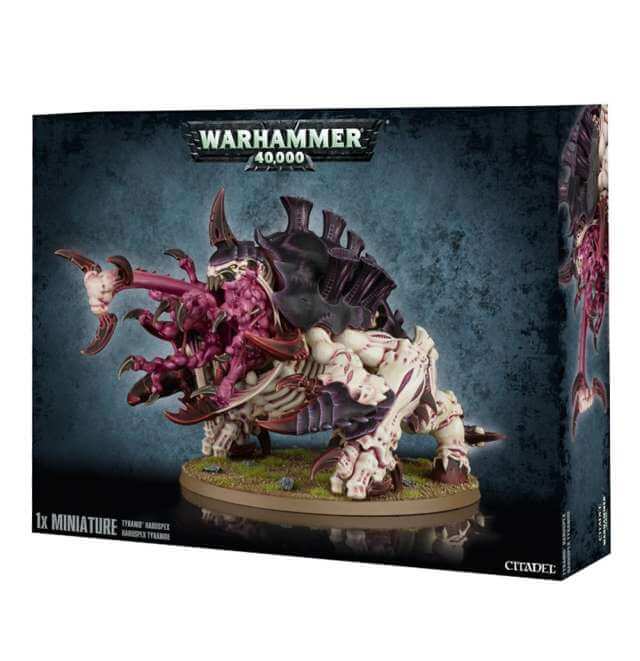 Packaging for Warhammer 40,000 Tyranids Haruspex / Exocrine miniature, featuring the assembled and painted model on the box art.