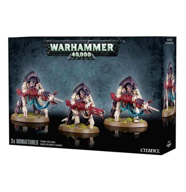 Boxed Warhammer 40,000 Tyranids Hive Guard / Tyrant Guards miniature figures kit, showing three painted examples of the guards on the front.